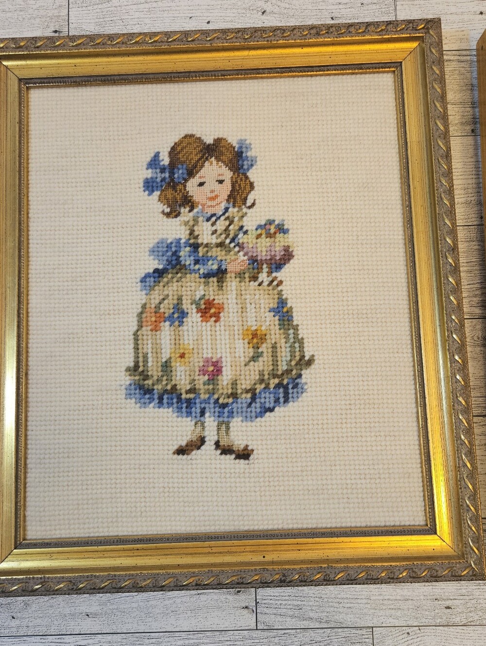 Pair Of Framed Vintage Needlepoint Girls In Floral Dress Grandmacore *No Glass - Picture 3 of 8
